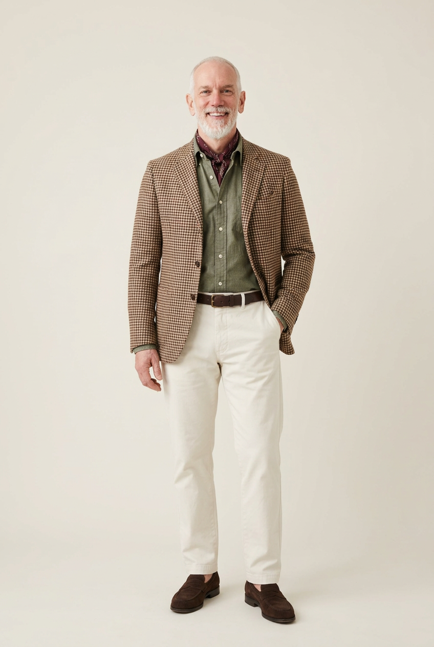 The same brown houndstooth blazer with an olive shirt, cream trousers and burgundy neckerchief