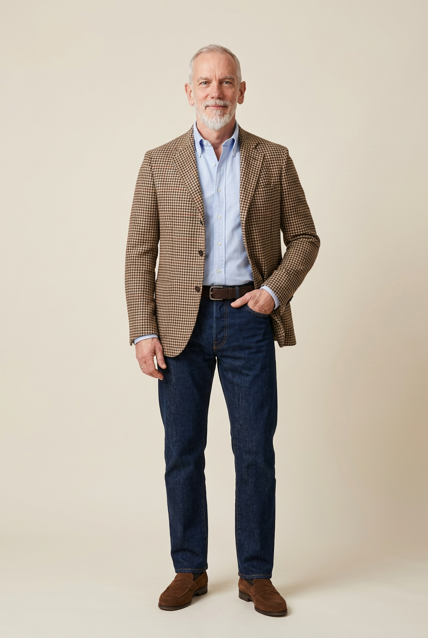 The brown houndstooth blazer with a blue Oxford shirt, indigo jeans and suede loafers